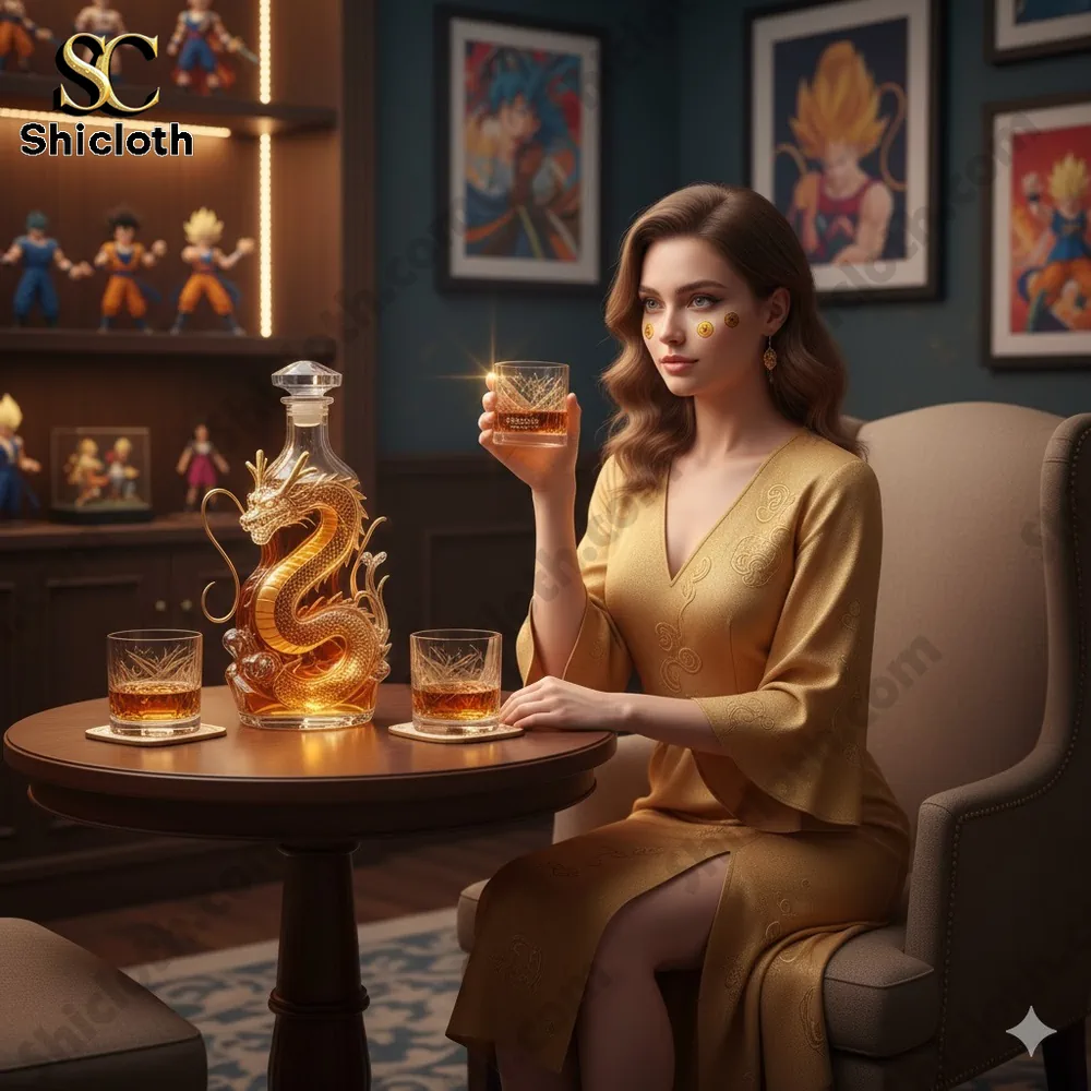 Elegant woman holding a golden whisky glass in a themed room!