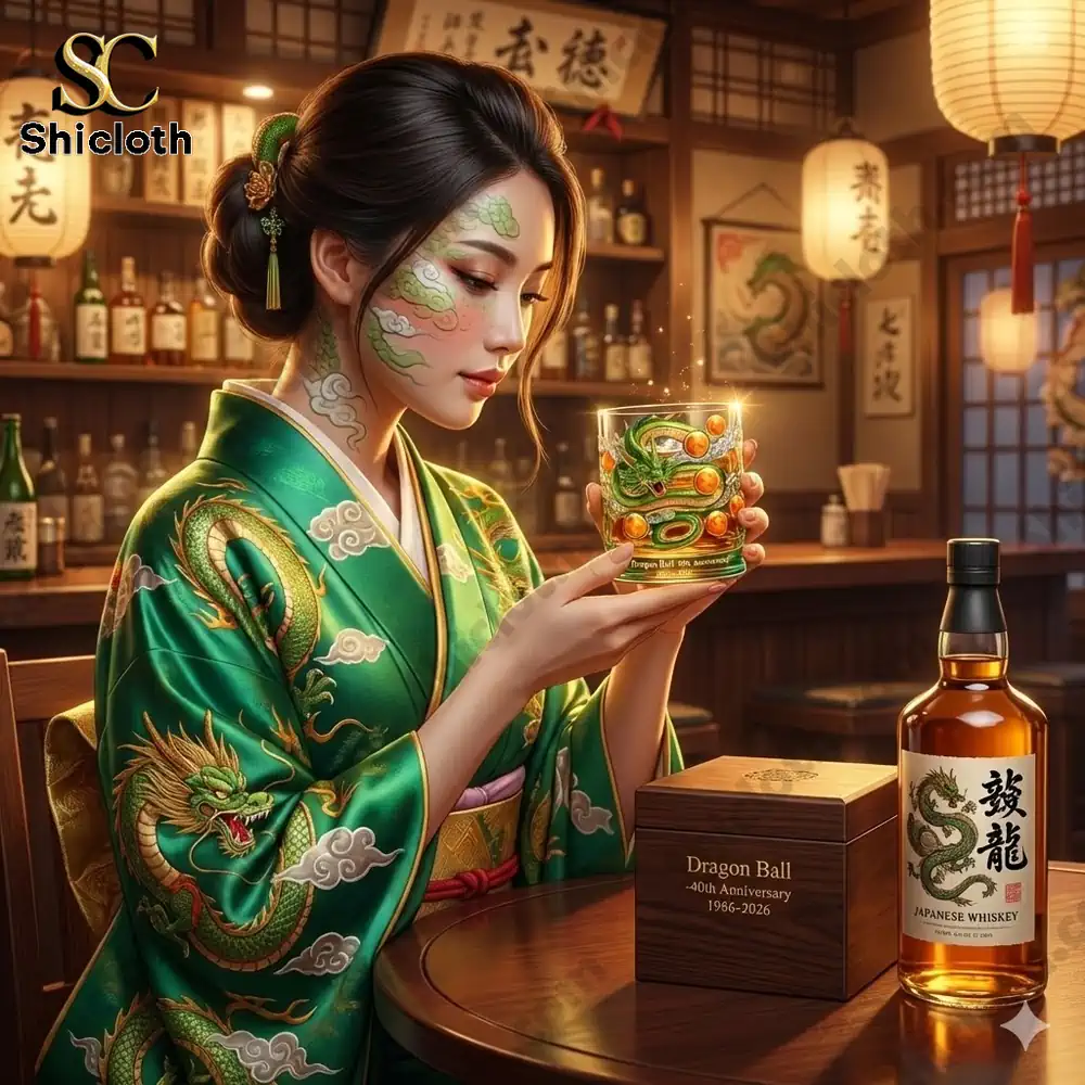Woman in green kimono holding Dragon Ball dragon whiskey glass inside Japanese bar!