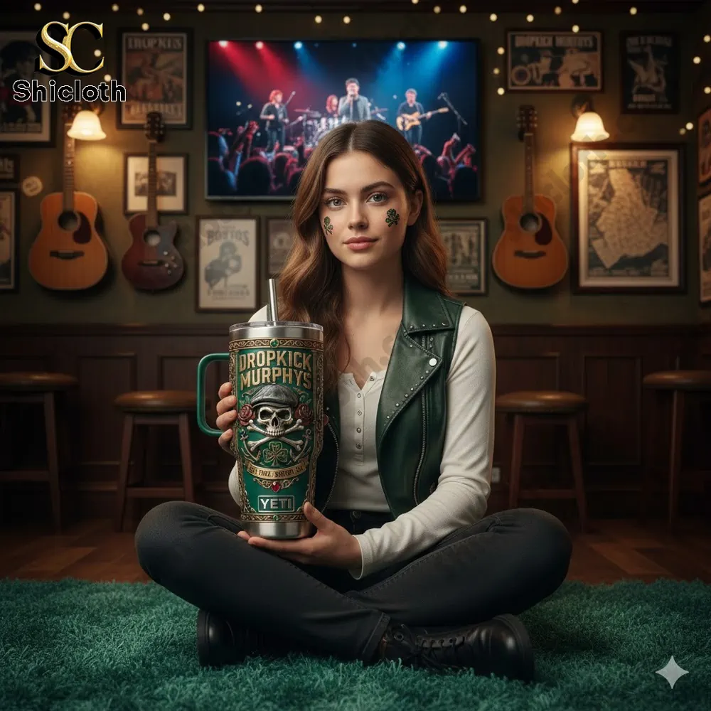 Woman holding Dropkick Murphys insulated mug in music room!