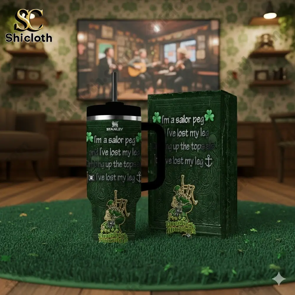 Green Irish themed insulated mug with sailor skeleton and shamrock design!