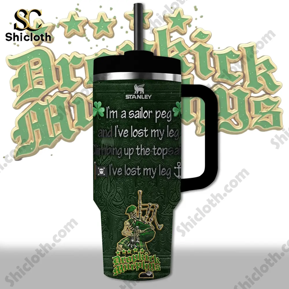 Dropkick Murphys Tumbler With Handle 3 Front view of green Irish sailor skeleton insulated mug!