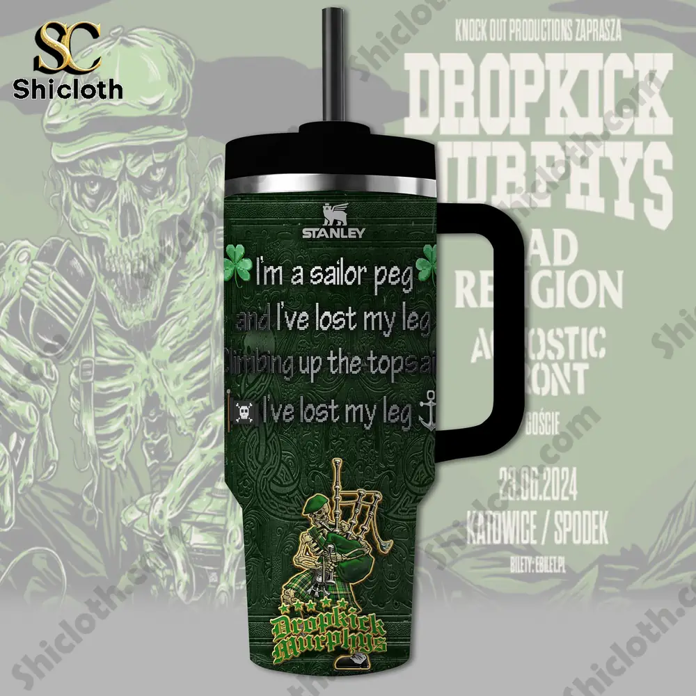 Dropkick Murphys Tumbler With Handle 4 Green Irish themed insulated mug in front of band poster background!