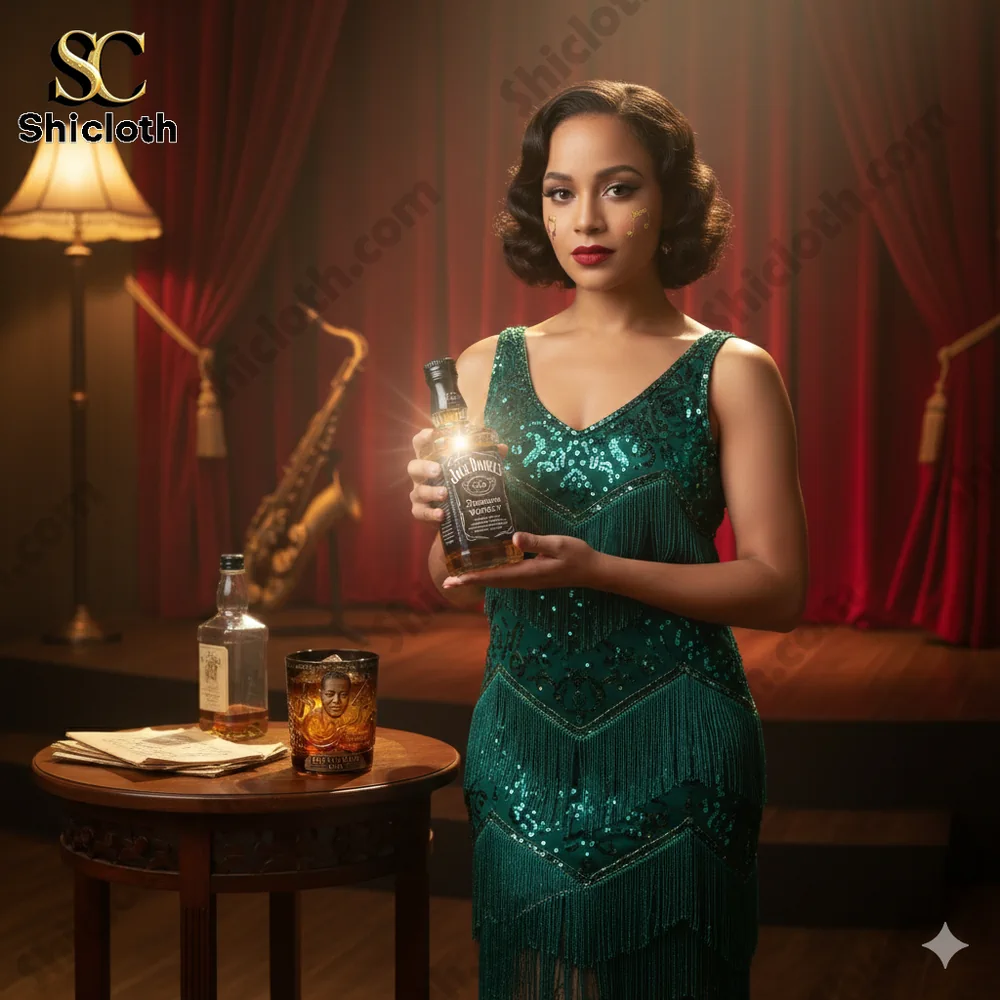 A vintage jazz style woman holding a whiskey bottle on a classic stage!