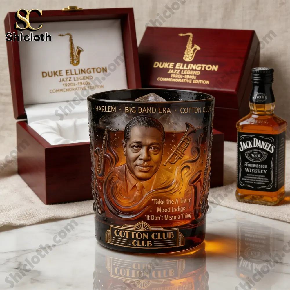 An engraved whiskey glass featuring a Duke Ellington portrait in a display box!