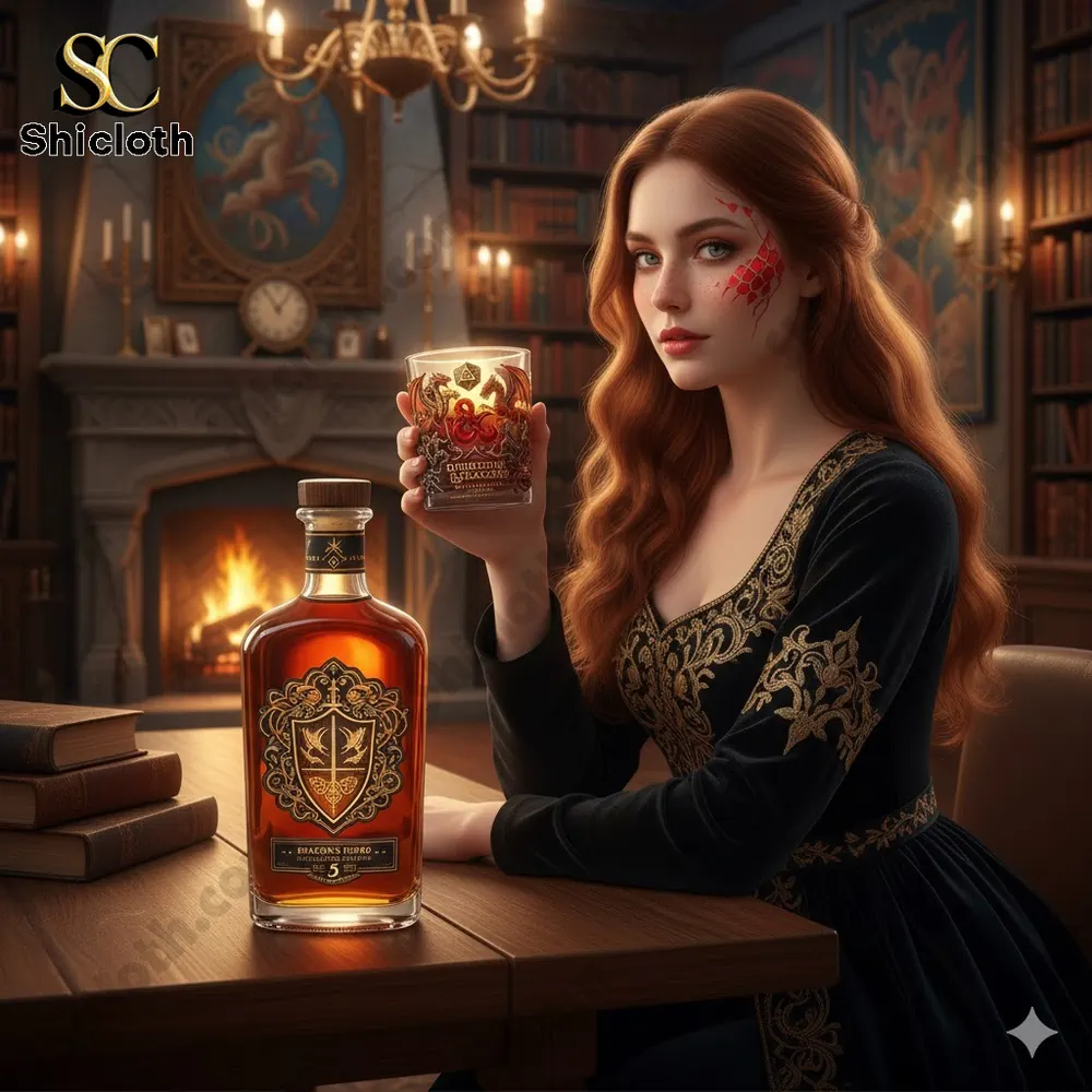 Fantasy woman with red hair holding dragon whiskey glass in a classic library setting!