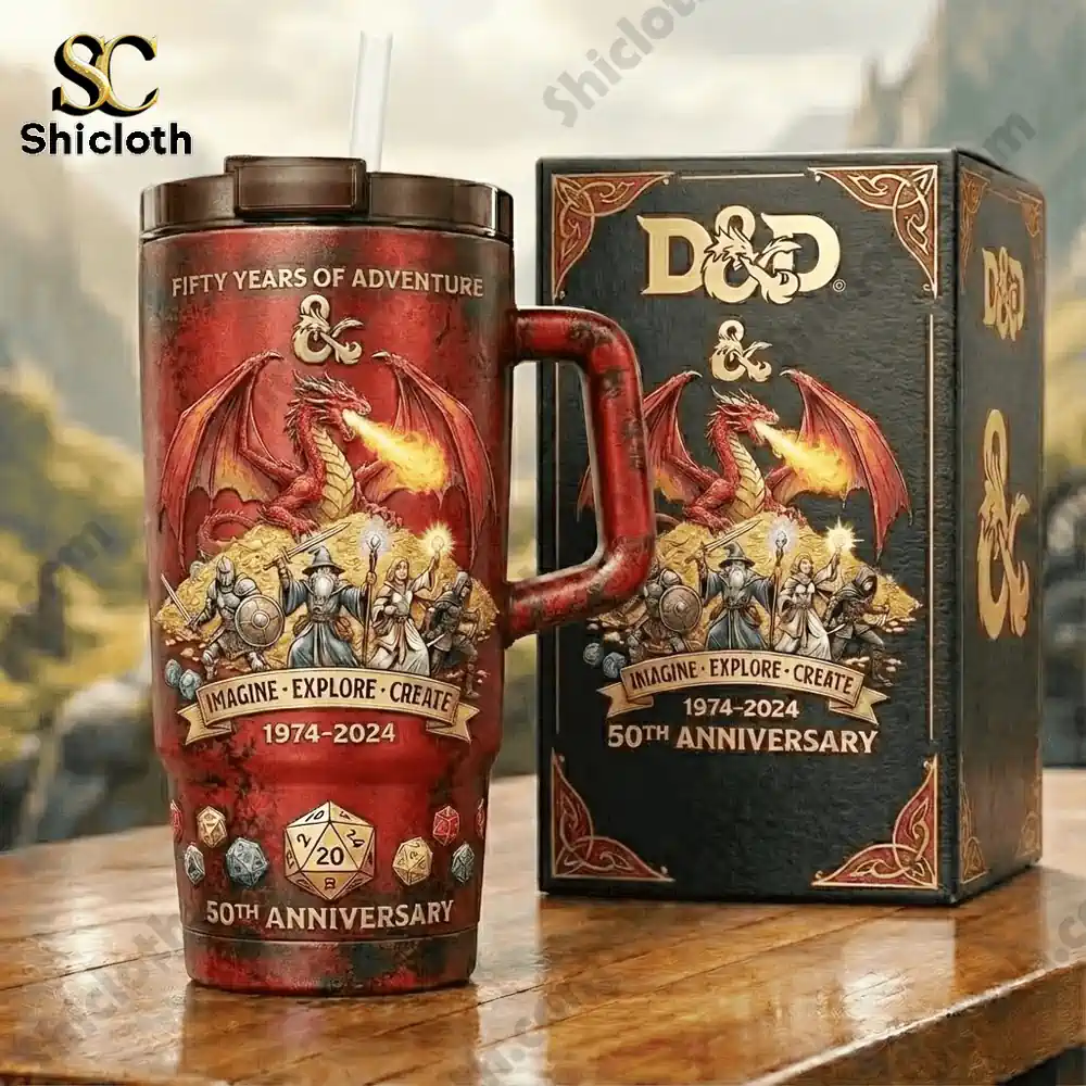 Fantasy themed travel mug with dragon heroes artwork and anniversary box!