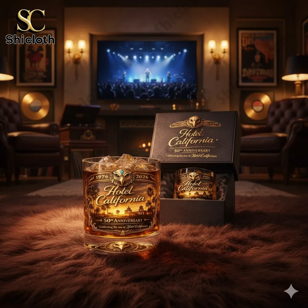 Hotel California anniversary whiskey glass in cozy music themed living room by Shicloth!