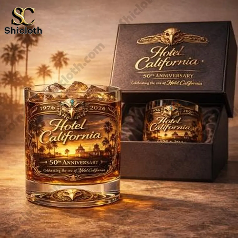 Hotel California anniversary whiskey glass gift box with sunset palm background by Shicloth!