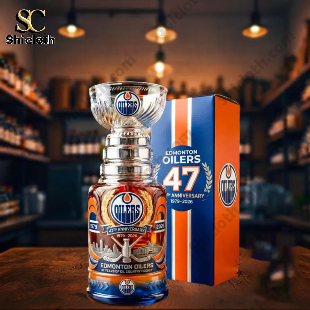 Edmonton Oilers anniversary whisky bottle with display box on table!