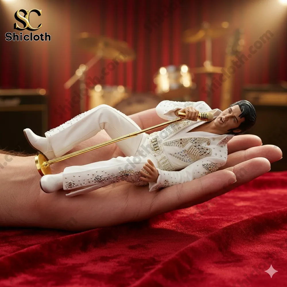 Rat Fink Skull Road Outlaw Collectible Pop Figure Doll 40 Mini singer figurine in white stage outfit lying on a hand with golden microphone from Shicloth!