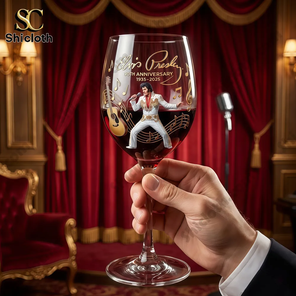 Elvis themed wine glass held on a classic stage!
