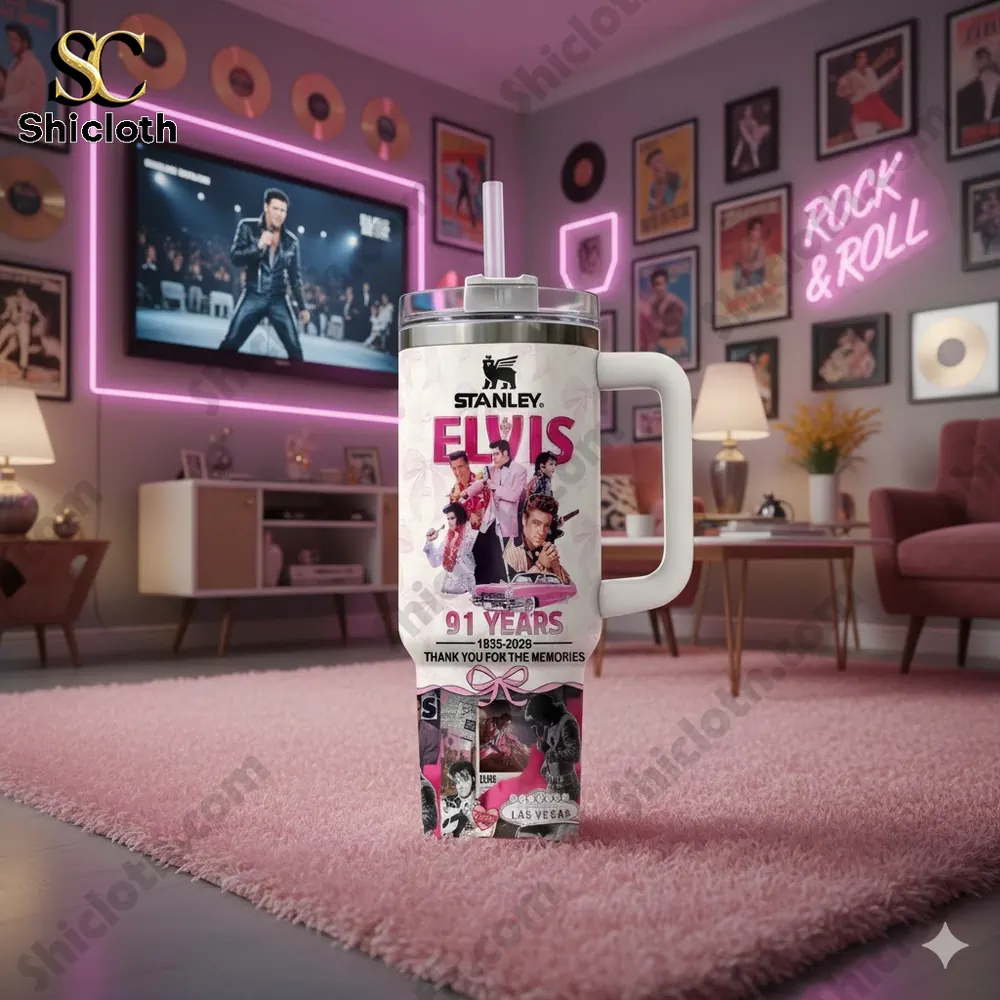 Elvis themed Stanley tumbler in pink music inspired living room!
