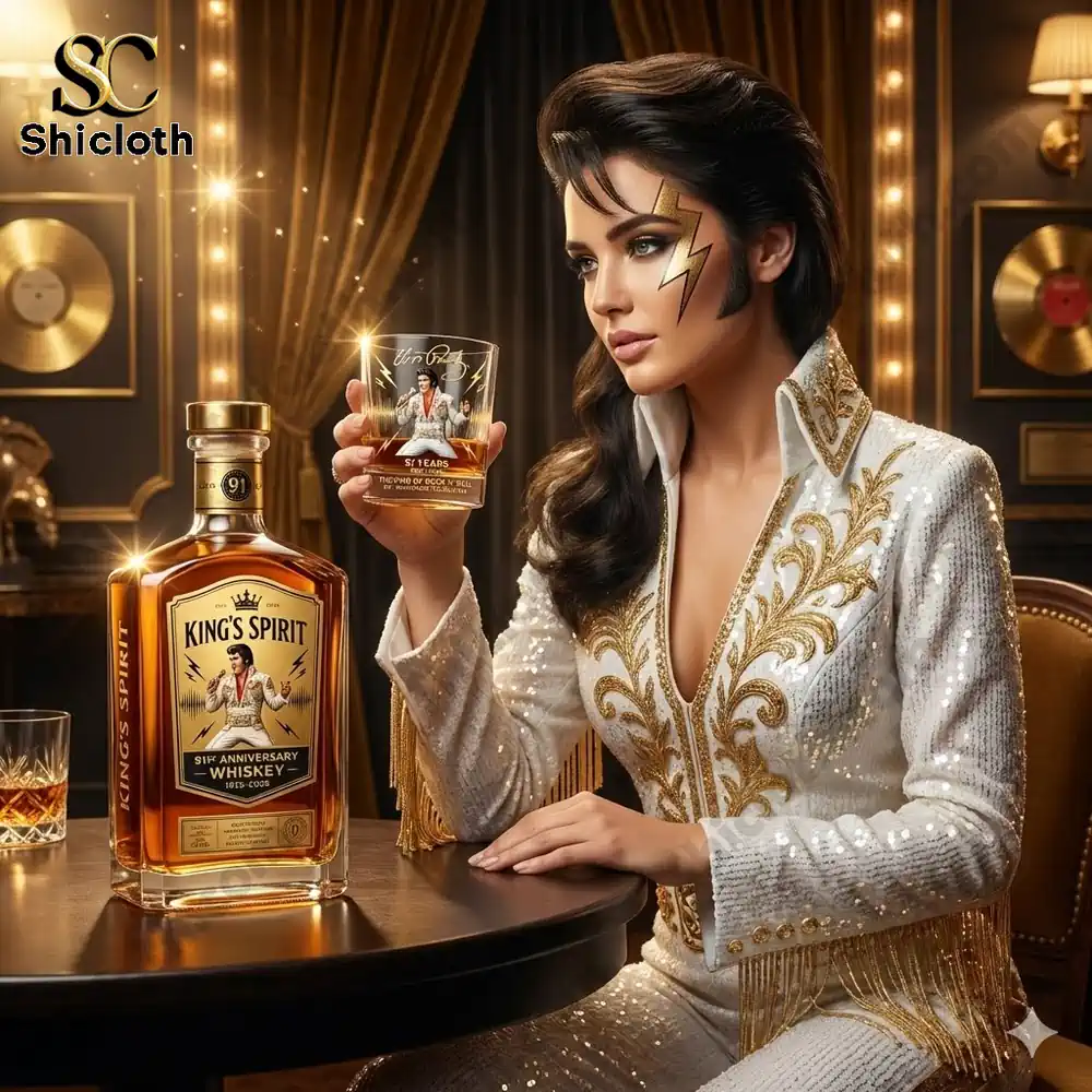Elegant woman in white gold stage outfit holding a rock theme whisky glass at luxury table!