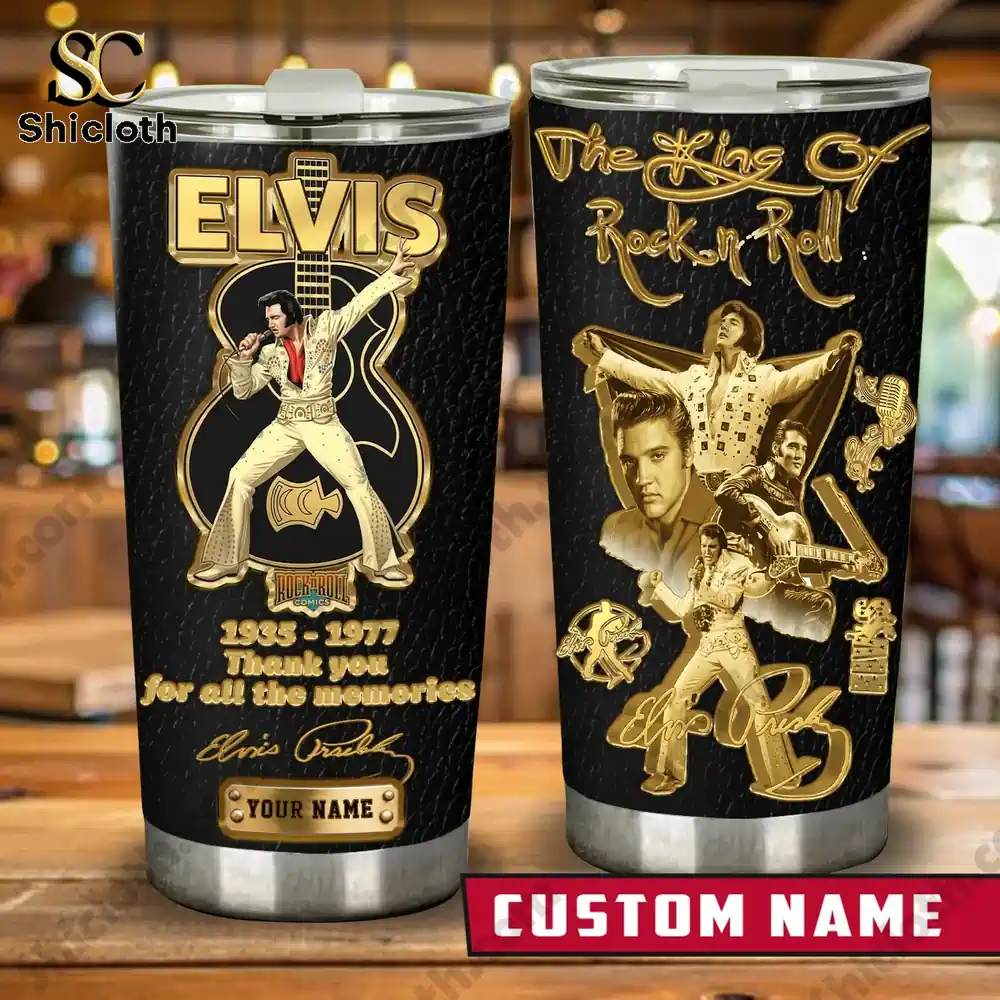 Elvis Presley gold themed custom stainless tumbler shown front and back!