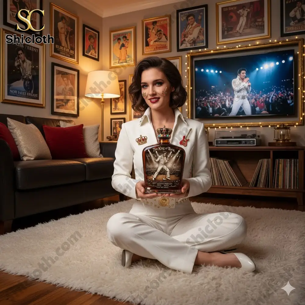 Woman in white Elvis style outfit holding King of Rock anniversary bottle in themed living room!