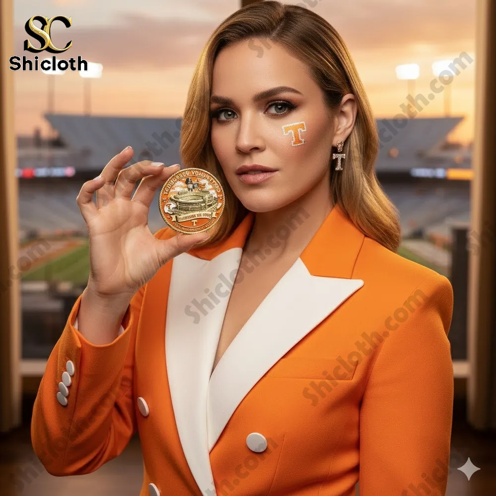 Woman holding Tennessee Volunteers commemorative coin in stadium!