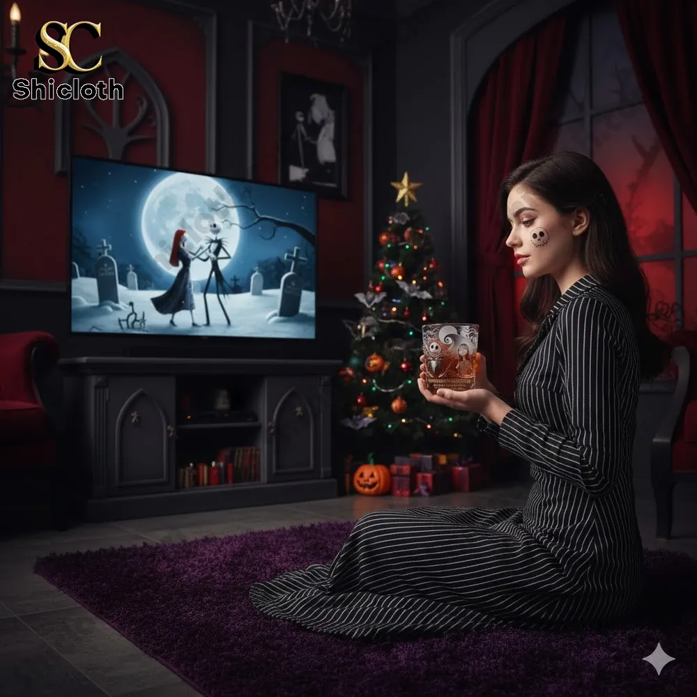 Gothic woman holding Nightmare Before Christmas whiskey glass in dark living room!