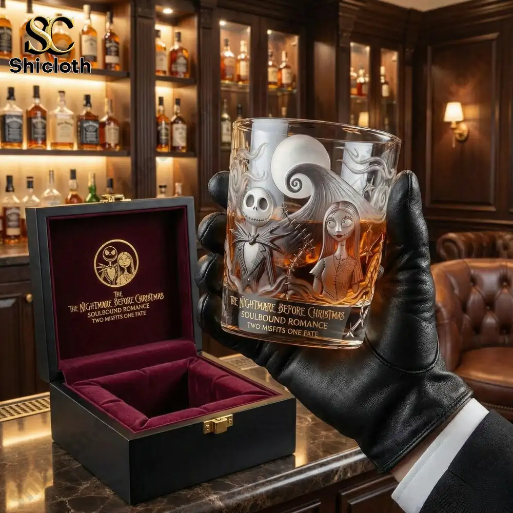 Nightmare Before Christmas whiskey glass held in luxury bar setting!