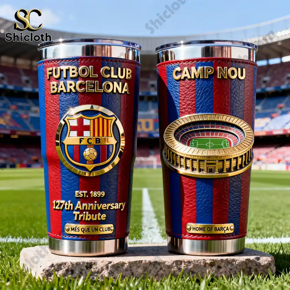 Barcelona themed insulated tumblers displayed at Camp Nou stadium!
