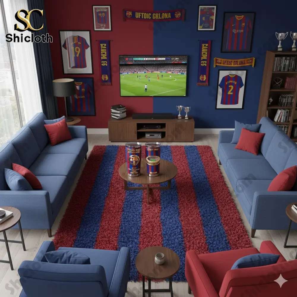 Barcelona themed living room with club decor and tumblers on table!
