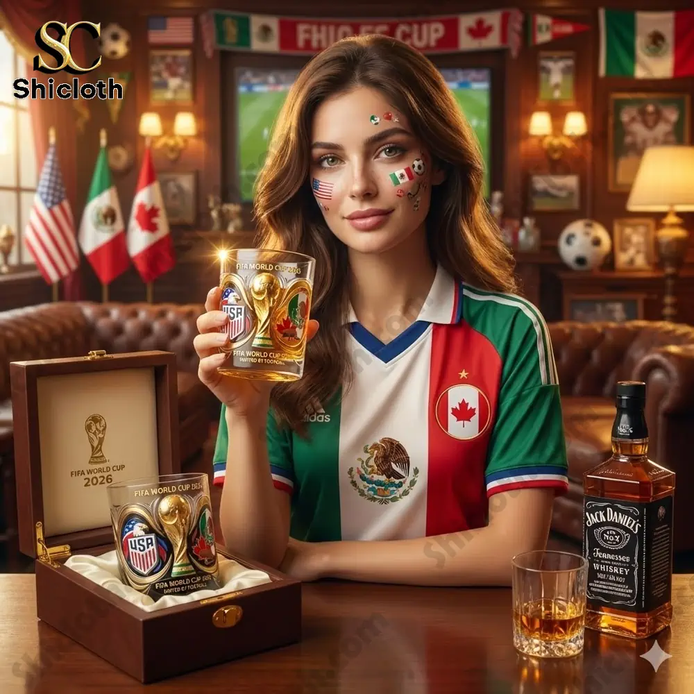 A woman holding a FIFA World Cup 2026 collector glass in a sports bar!