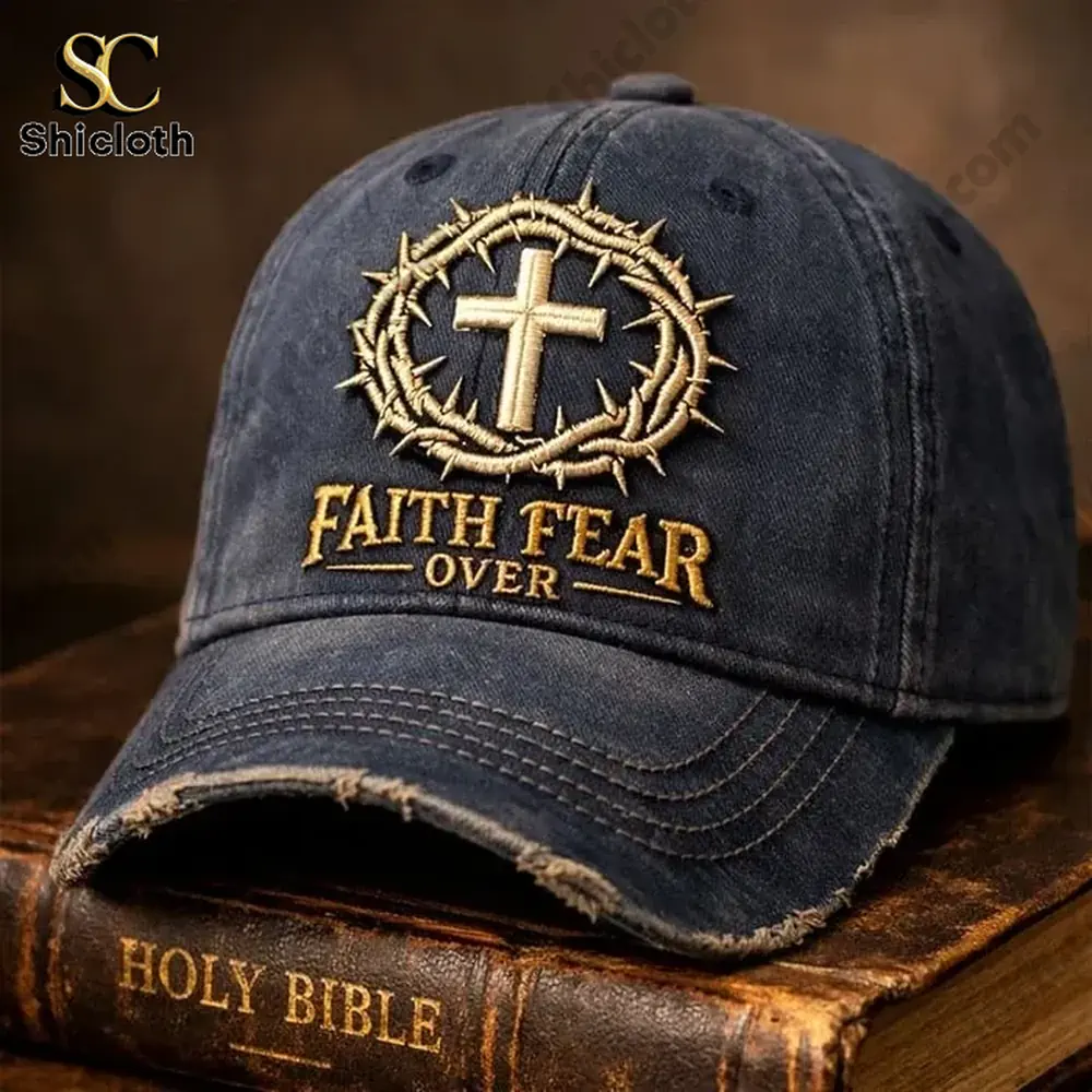 Faith Fear Over cap on church table with Christian symbol