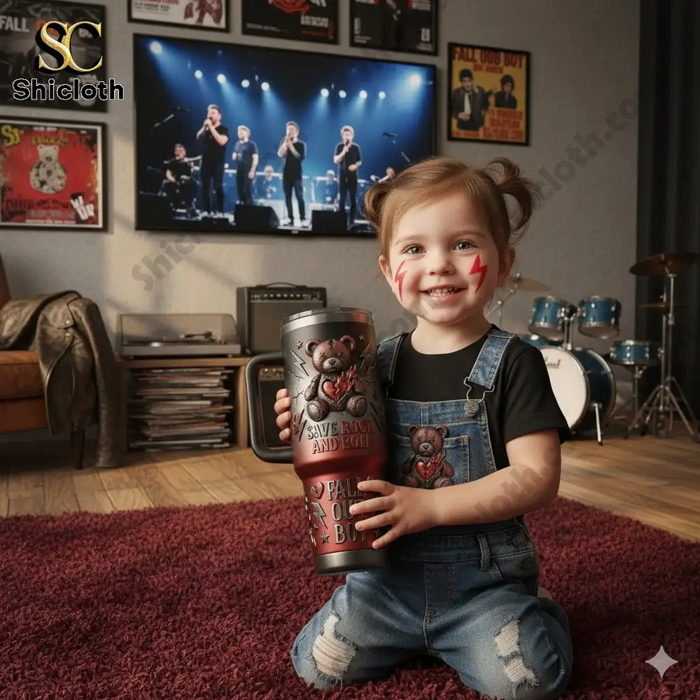 Smiling toddler holding a rock themed insulated tumbler in a music room!