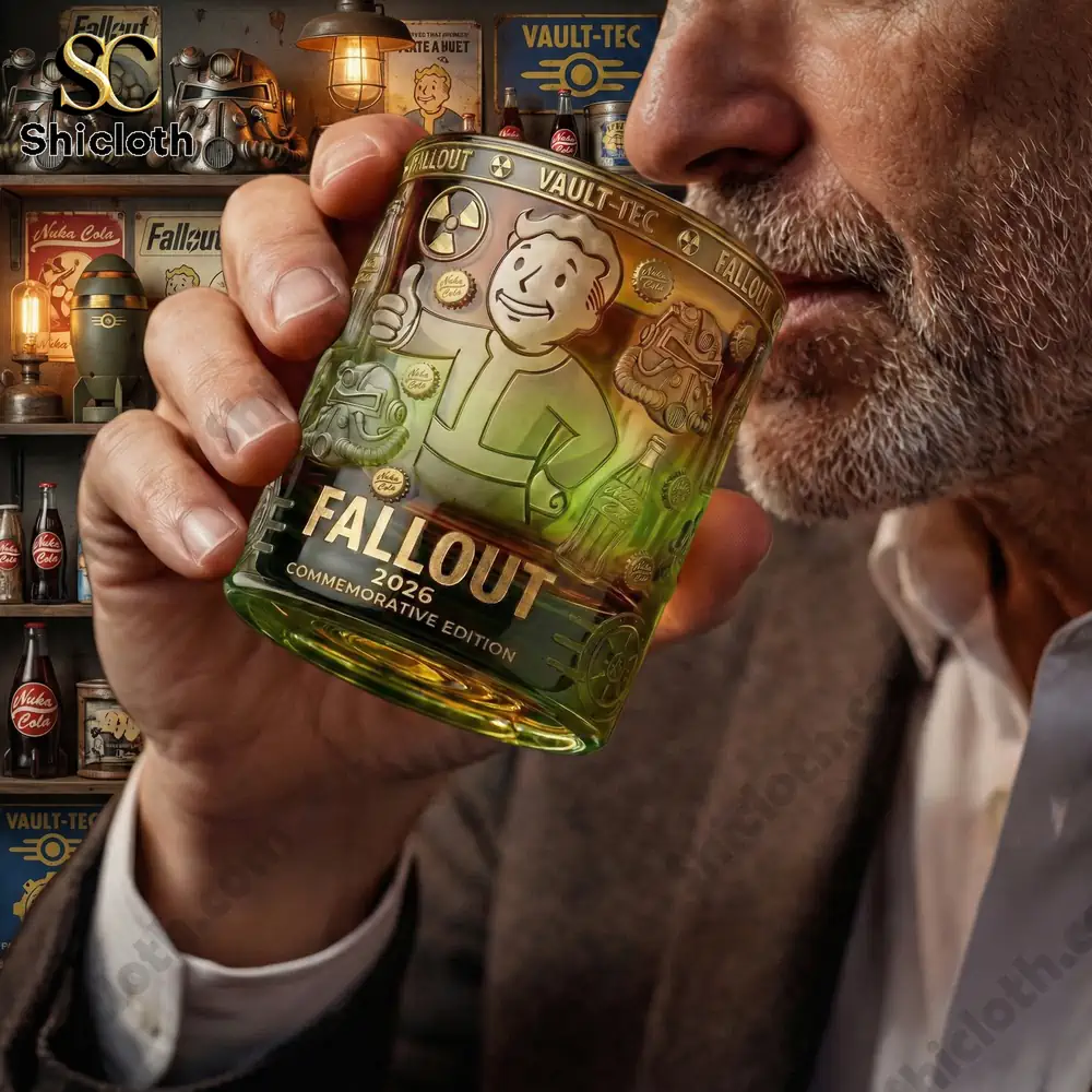 Man holding Fallout commemorative glass with Vault Boy design!