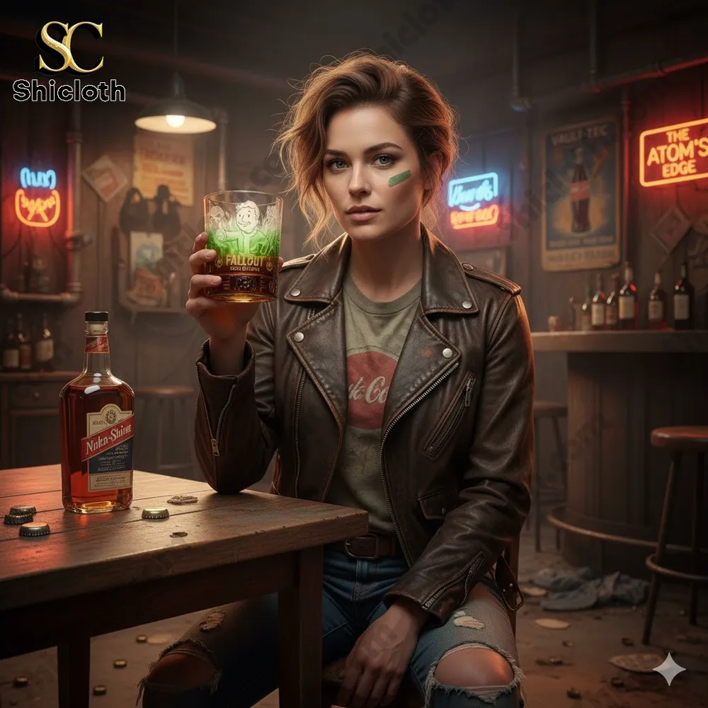 Woman holding a Fallout themed whiskey glass in a retro bar setting!