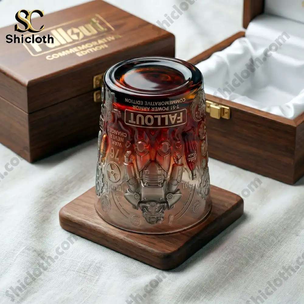 Fallout commemorative whiskey glass on wooden display base!