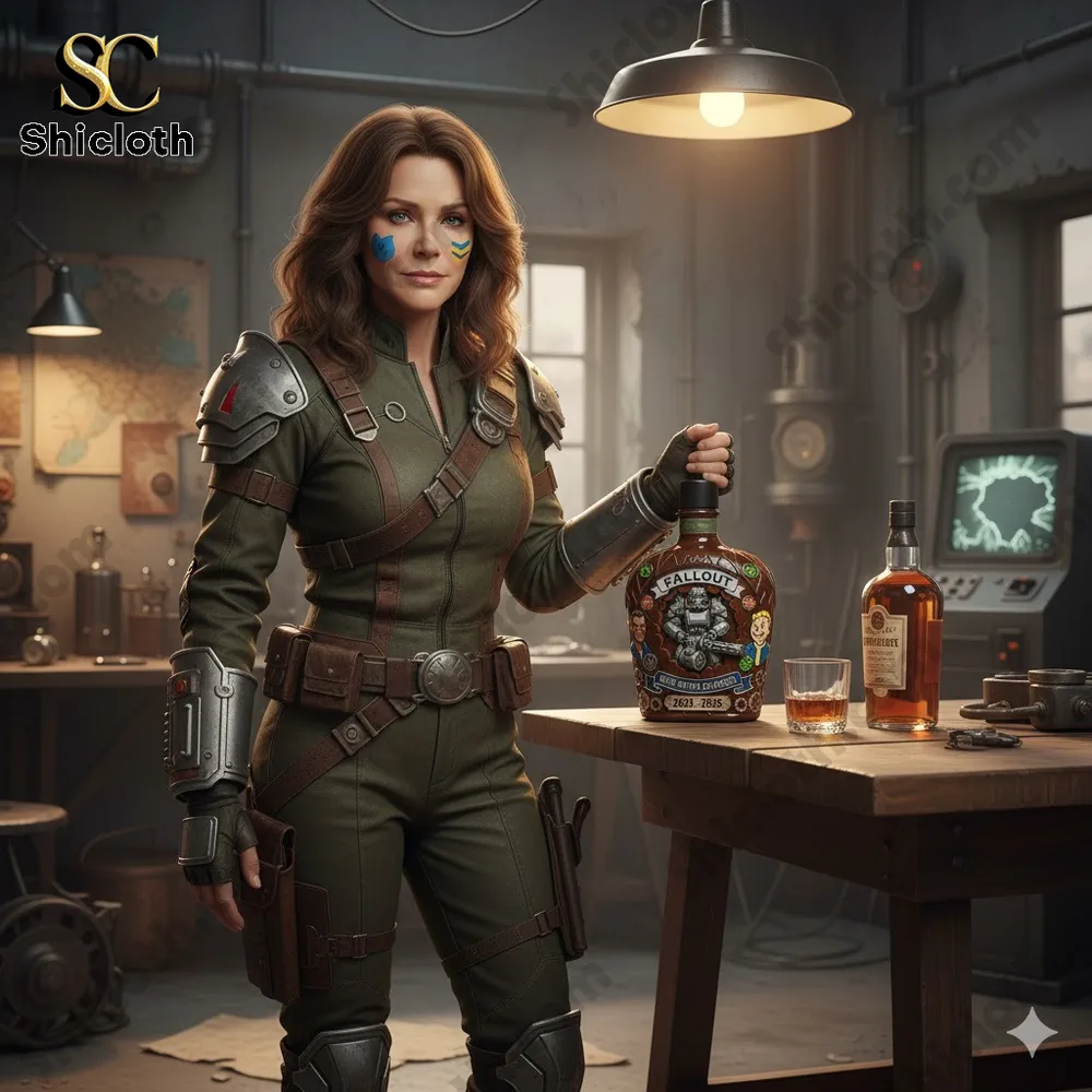 Female wasteland character holding Fallout themed whiskey bottle in industrial room!