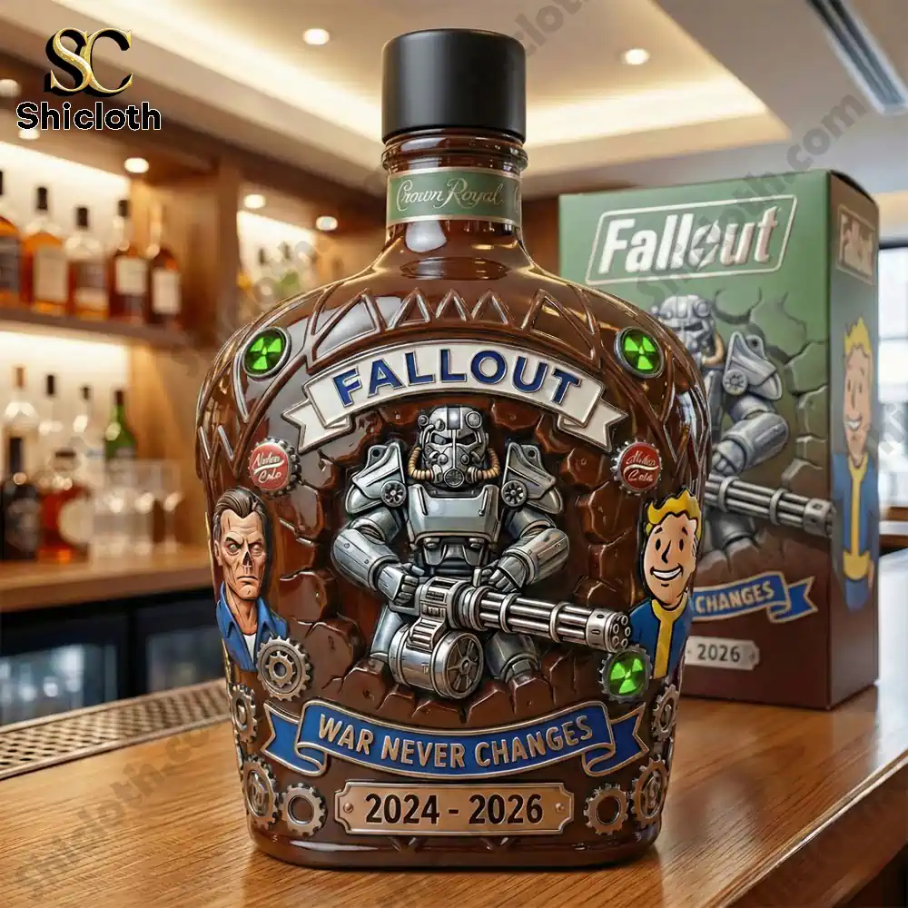 Fallout themed whiskey bottle on wooden bar counter!