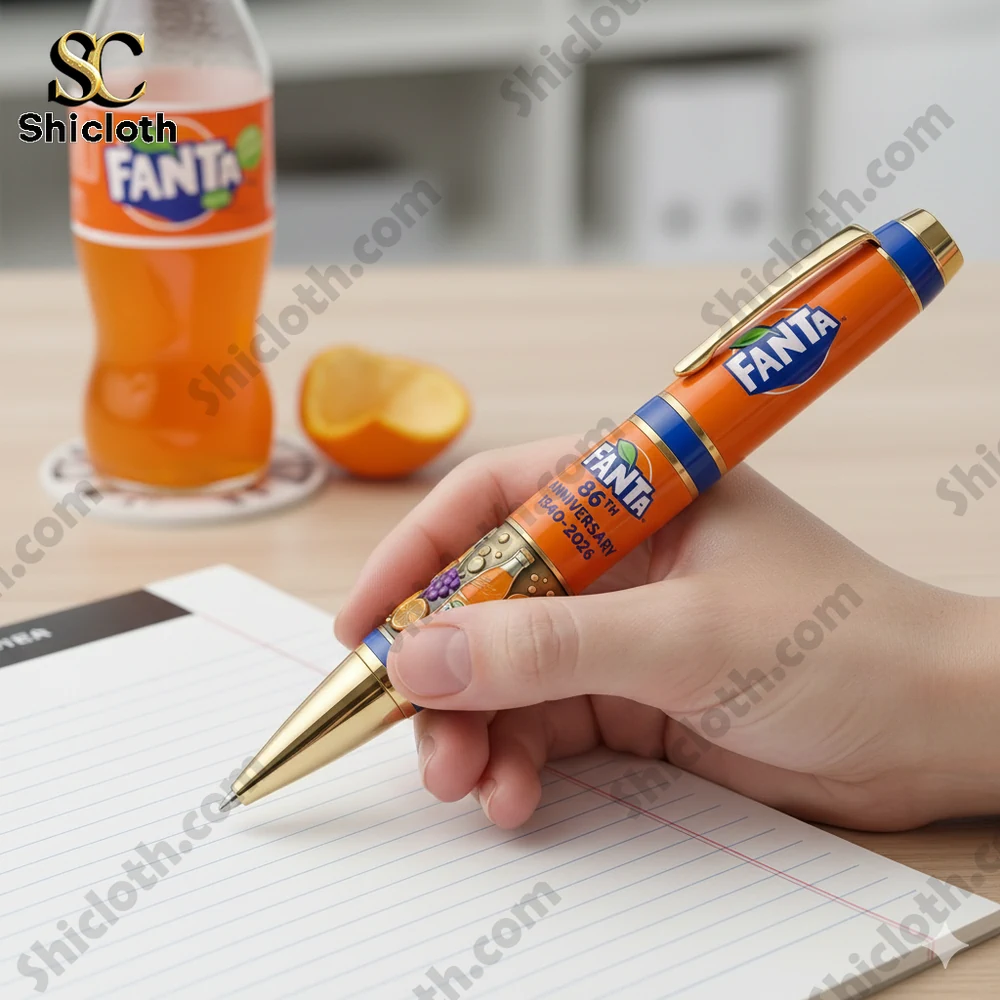 Orange branded pen writing on paper with soda bottle in background!