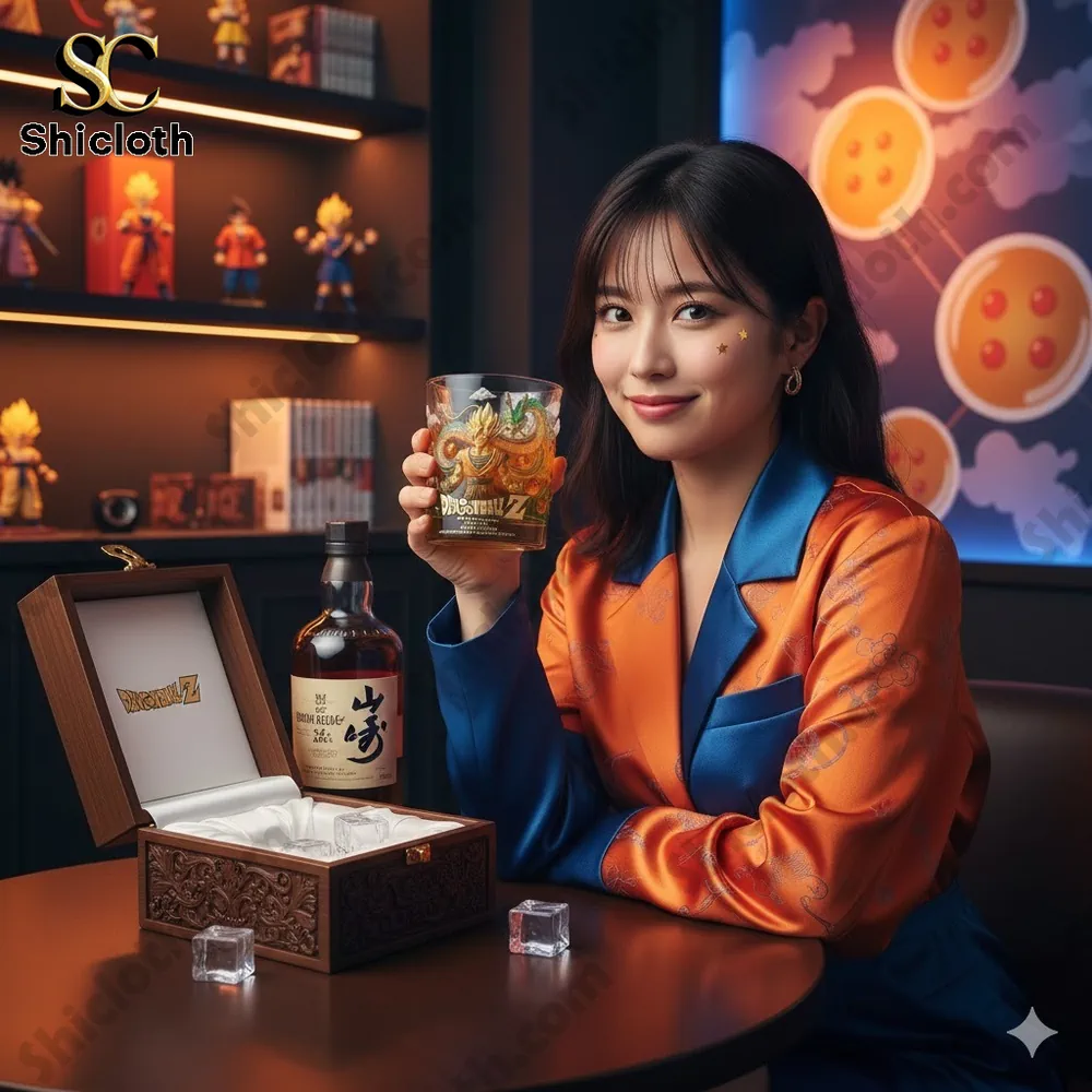 Woman holding Dragonball Z engraved glass in anime themed room by Shicloth!