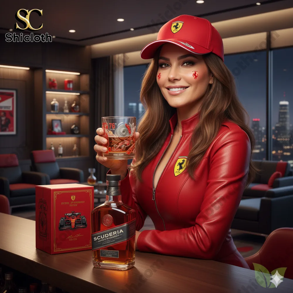 Woman holding Ferrari anniversary whiskey glass in luxury lounge!