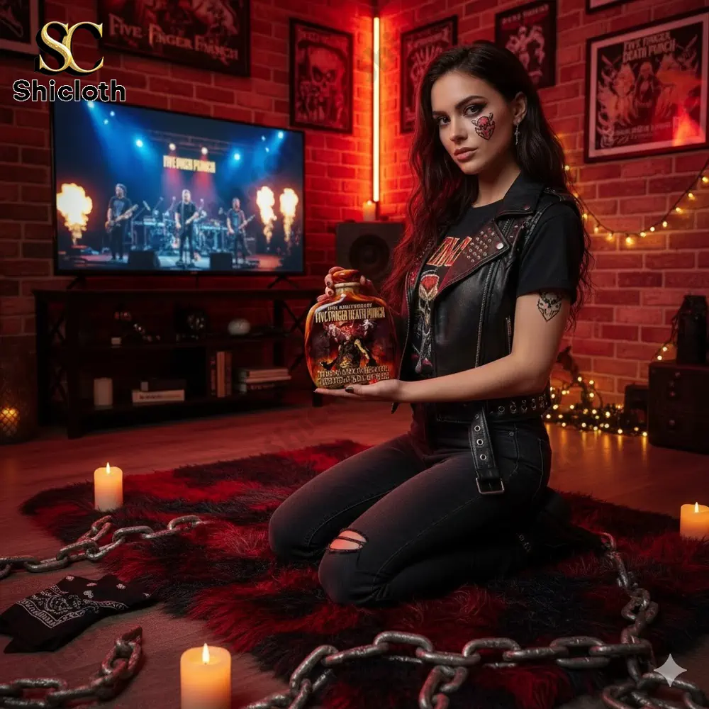 Woman in rock style holding Five Finger Death Punch anniversary bottle in themed room!