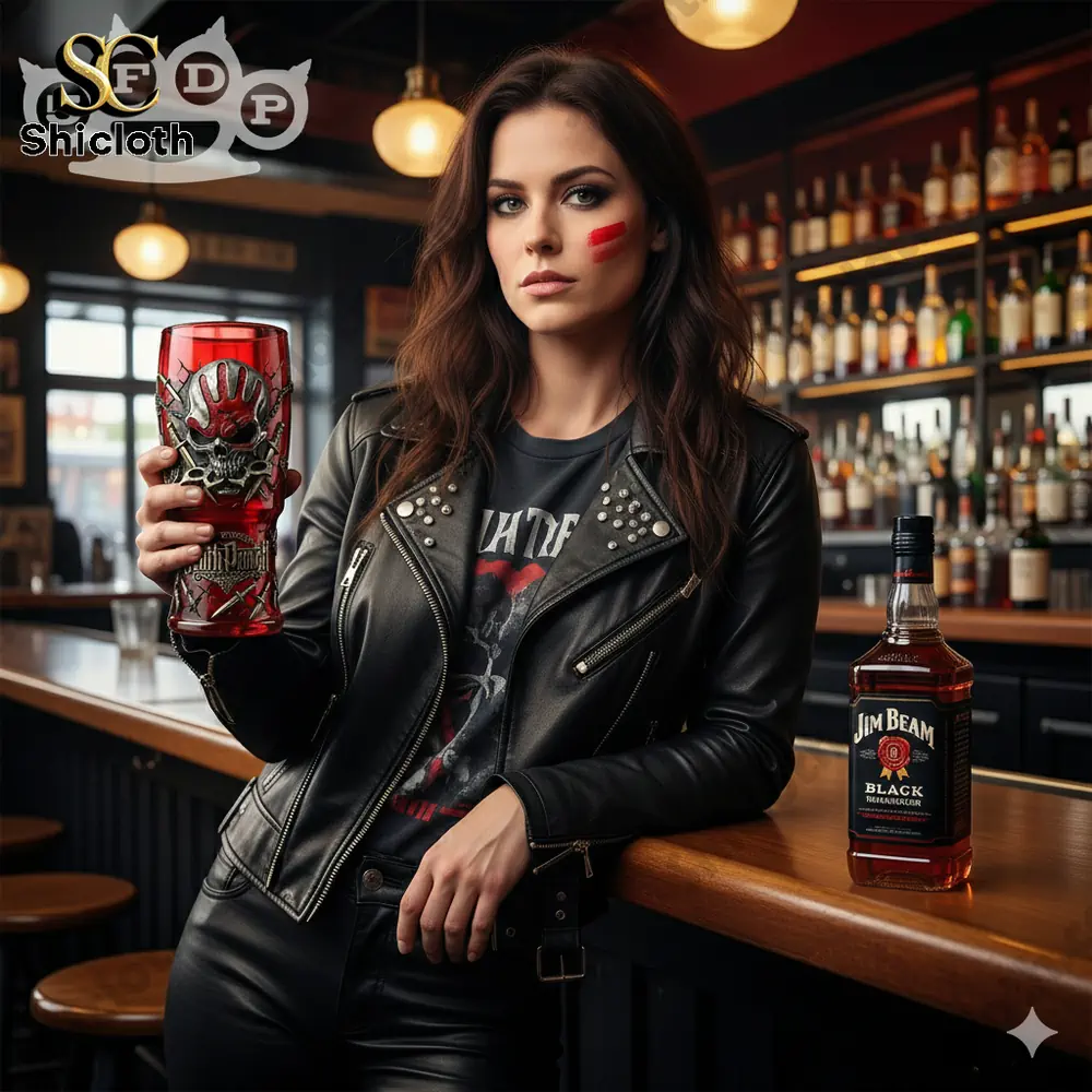 Woman in leather jacket holding red skull rock beer glass at bar!