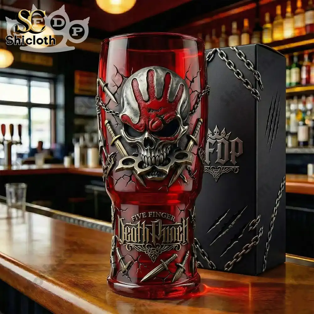 Red skull rock beer glass with decorative box on wooden bar counter!