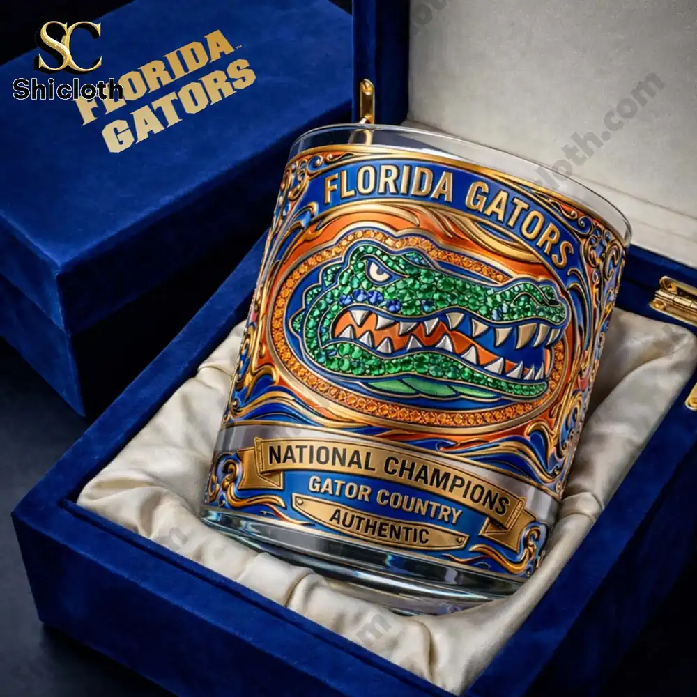 Florida Gators whiskey glass displayed in a blue velvet gift box!