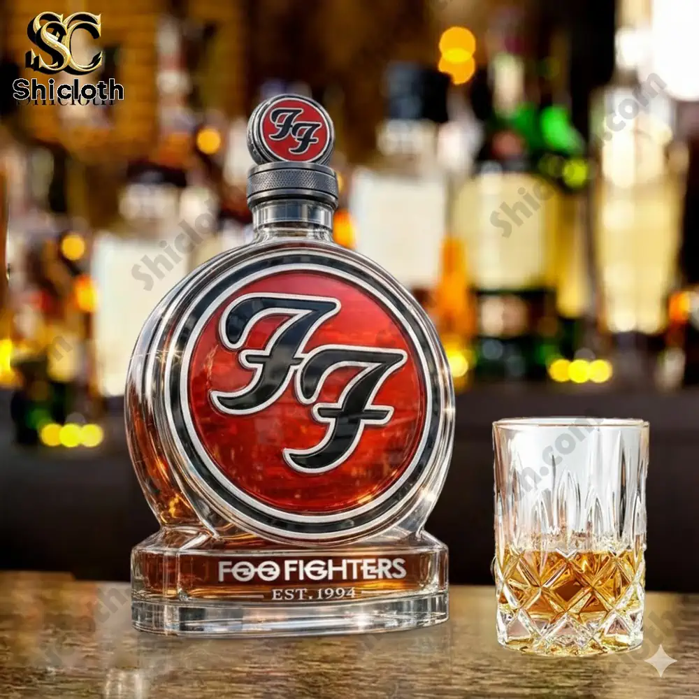 Foo Fighters themed liquor decanter on a bar counter with a glass!