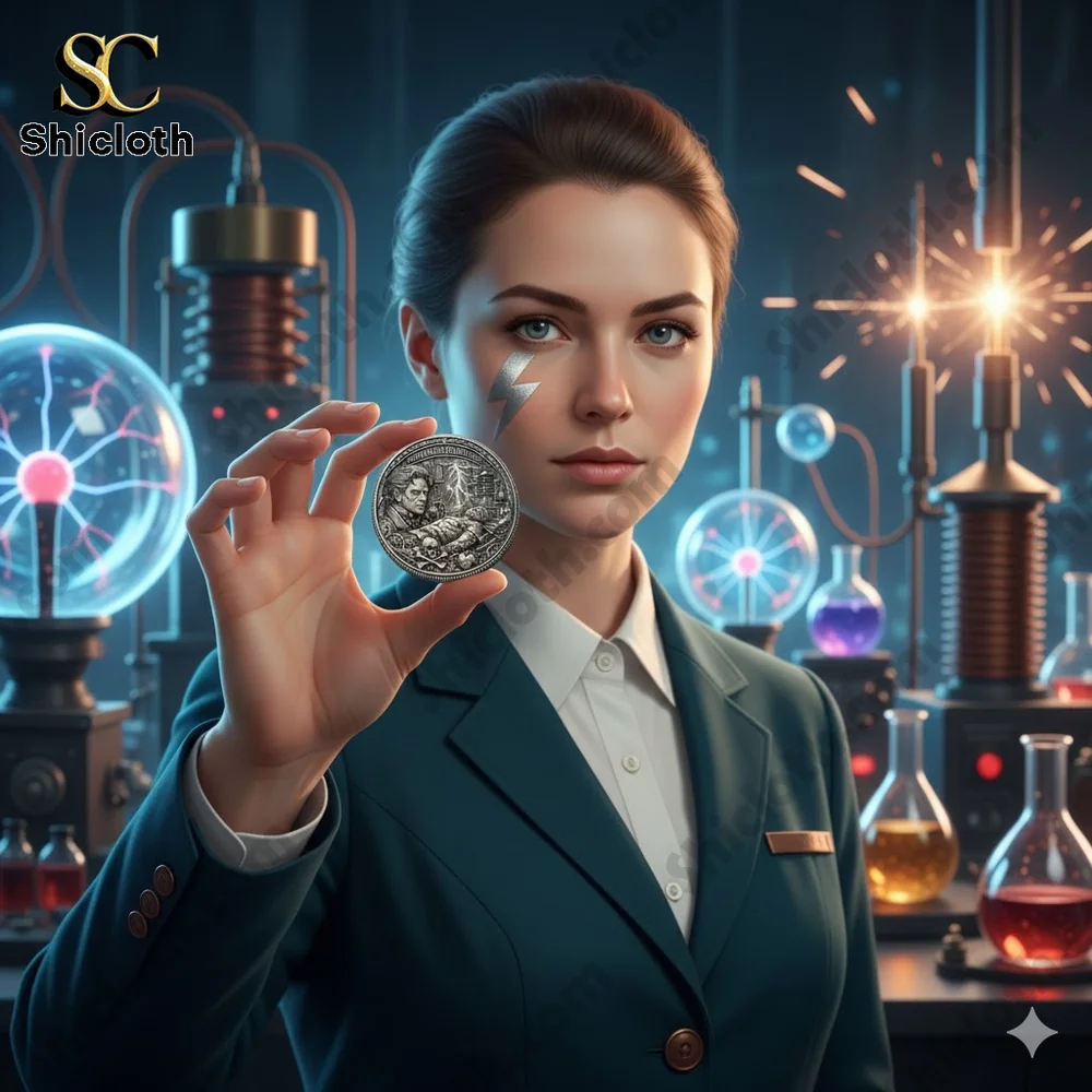 Female scientist holding a detailed silver coin in a laboratory setting!