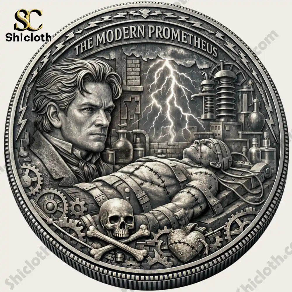 Detailed silver coin depicting a modern Prometheus laboratory scene!