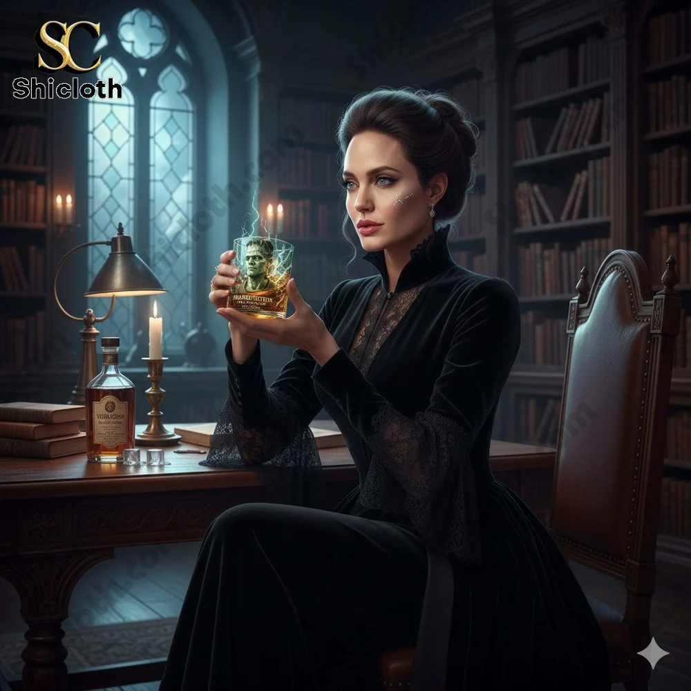 Gothic woman holding a Frankenstein anniversary whiskey glass in a dark vintage library!