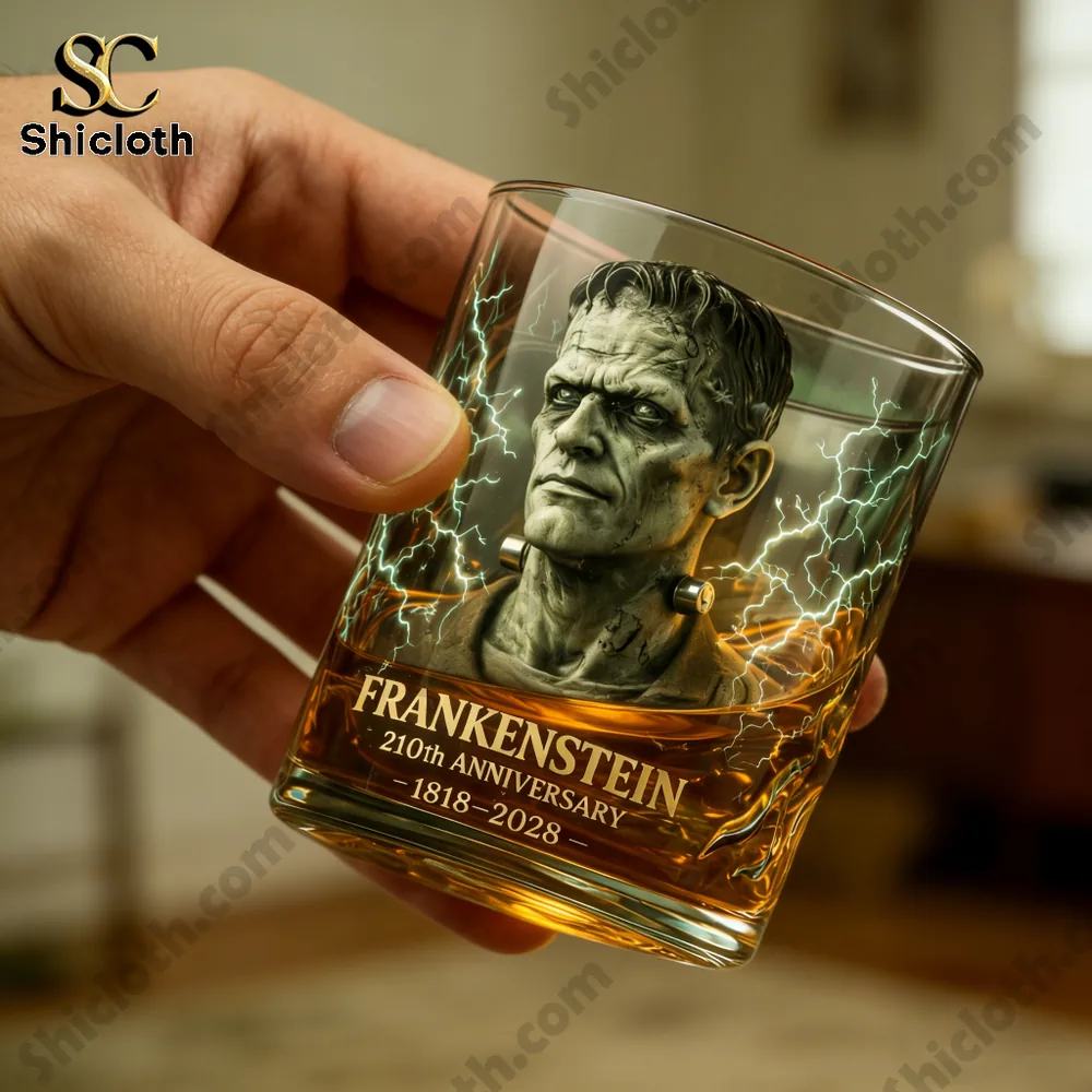 Hand holding a Frankenstein anniversary whiskey glass with electric design!