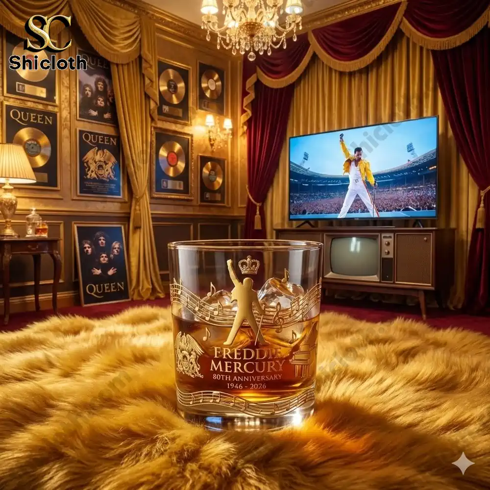 Freddie Mercury commemorative whiskey glass displayed in a luxury Queen inspired room!