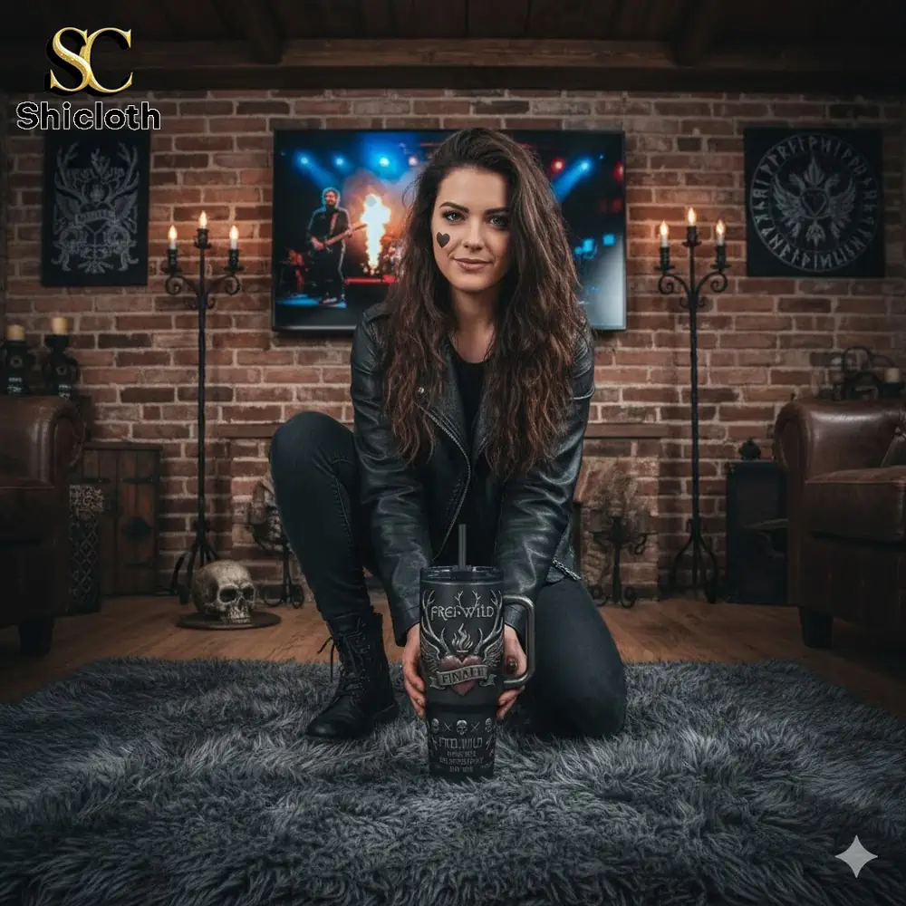 Woman holding Frei Wild Finale tumbler in rock style room!