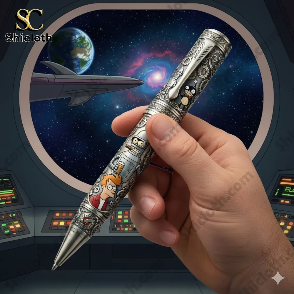 Futurama themed metal pen held in hand with space view background!