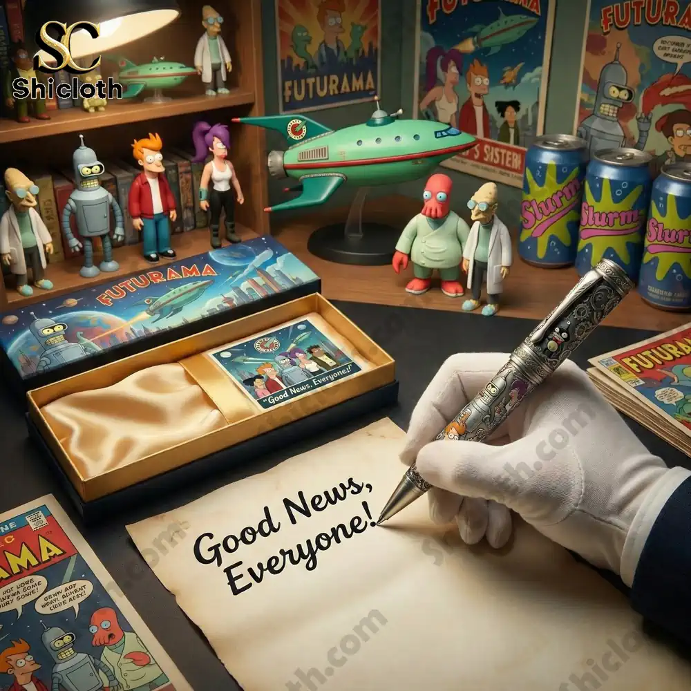 Futurama themed pen writing on paper on a collector desk!