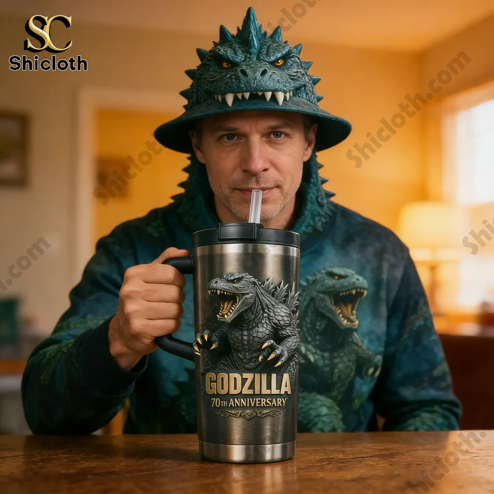 Man wearing Godzilla hat holding Godzilla anniversary tumbler mug!