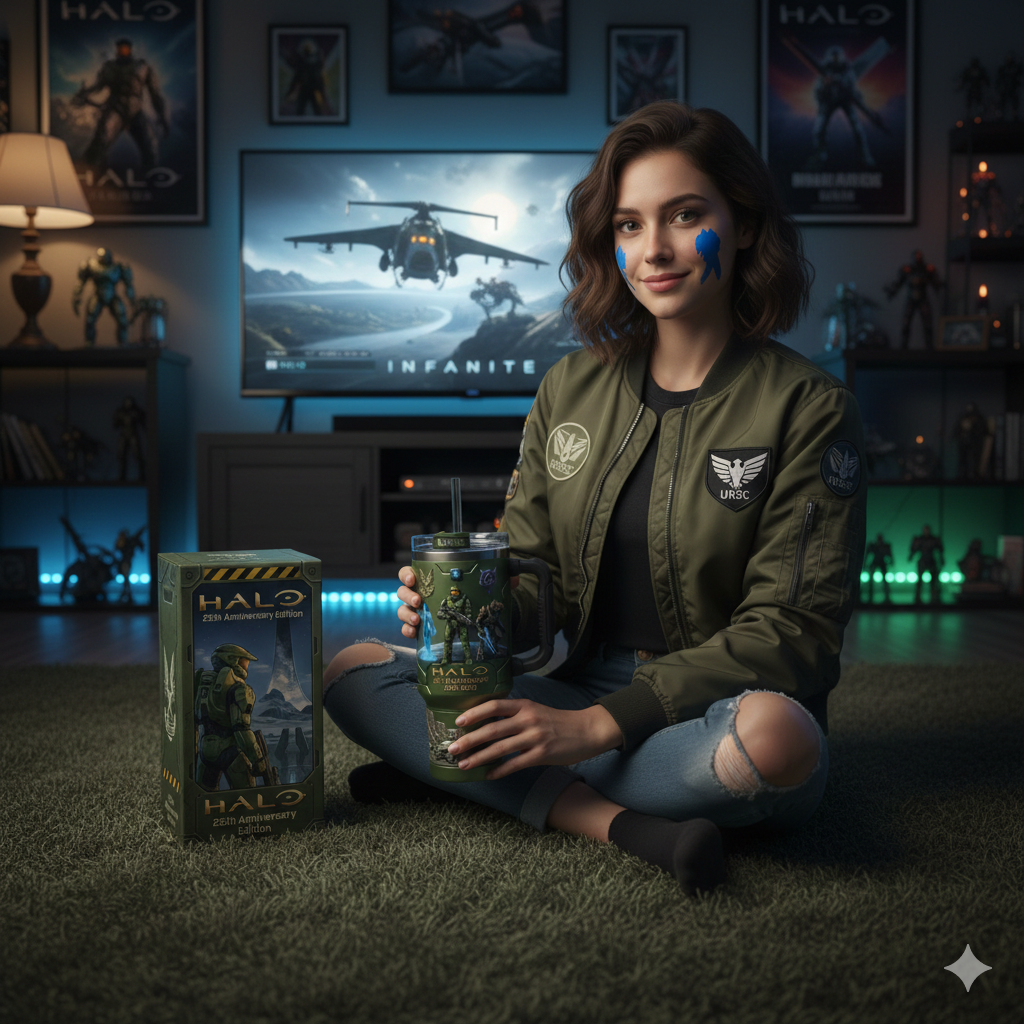 System Of A Down 2026 40oz Tumbler 78 Halo themed collector tumbler held by a gamer in a cozy gaming room!